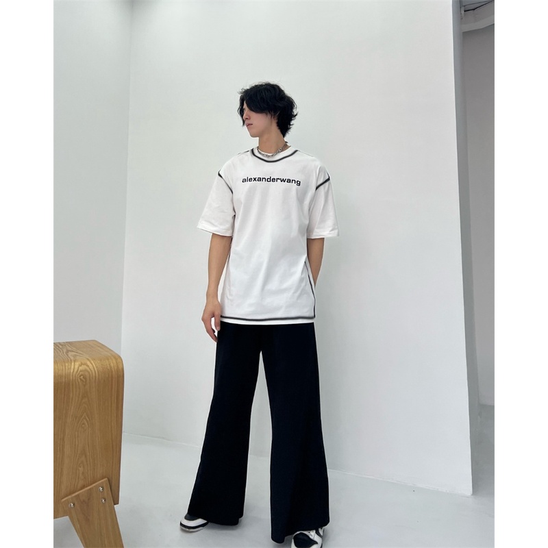 Ale-xander-wang - Vải Gạc In Màu Thuần Khiết Thủ Công Mới Nhất Áo Thun Tay Ngắn In Chữ Trước Ngực Thời Trang Cho Nam Và Nữ