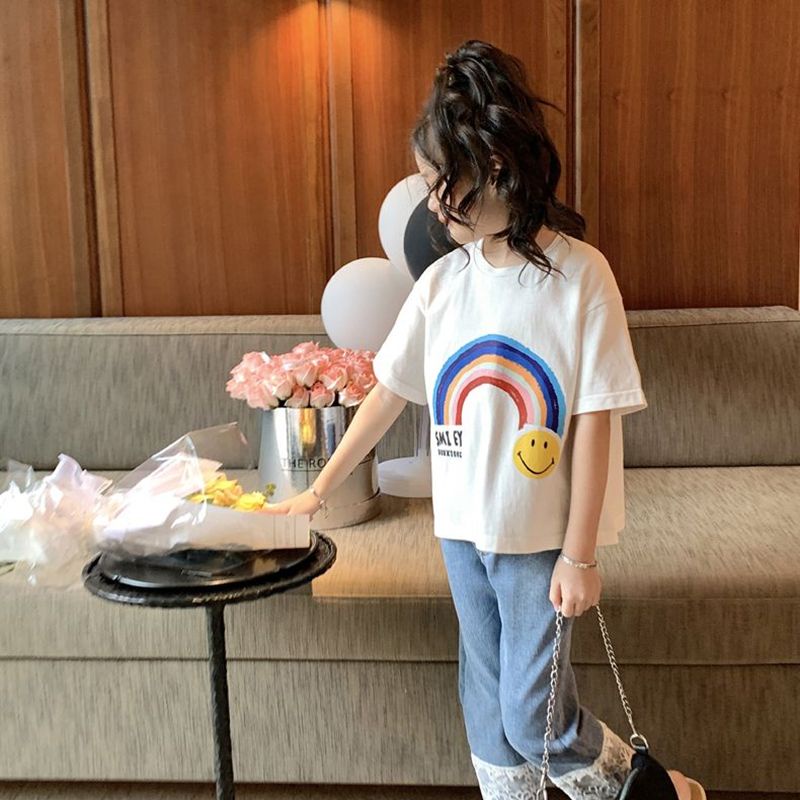Áo Thun Cotton Ngắn Tay Dáng Rộng In Chữ Màu Cầu Vồng Dễ Thương Cho Bé Gái