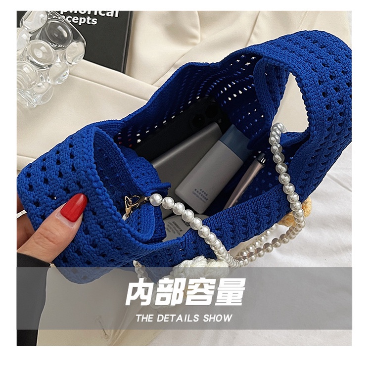 Túi Tote Đeo Vai Mùa Hè 2023 Bằng Vải Dệt Kim Phối Dây Xích Ngọc Trai Rỗng Xách Tay Cho Nữ