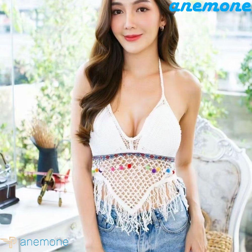 ANEMONE Áo Lót Đan Len Không Tay Hở Lưng Có Đệm Ngực Phong Cách Boho Thời Trang Mùa Hè Cho Nữ