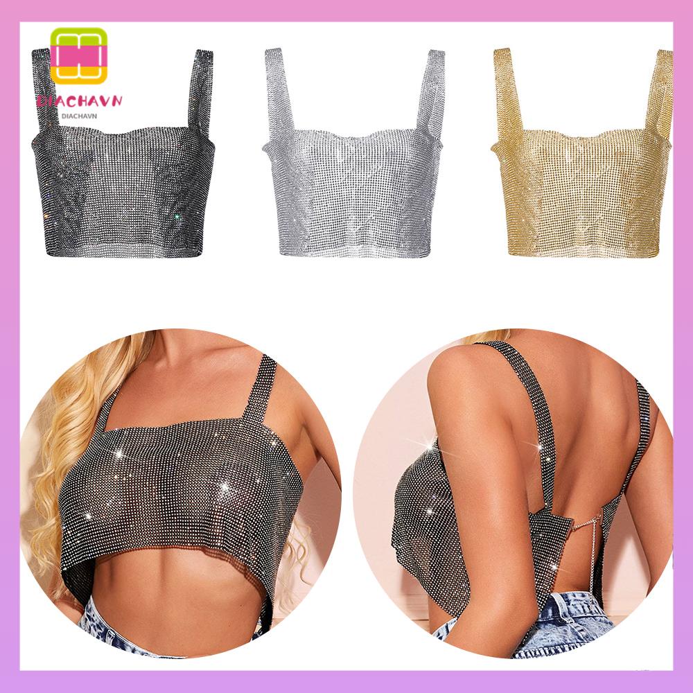 DIACHAVN Áo Croptop Đính Đá Lấp Lánh Xinh Xắn Dành Cho Nữ