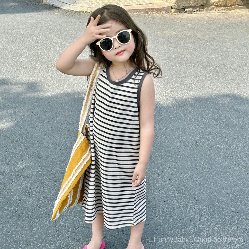 Đầm Không Tay 100% Cotton Họa Tiết Kẻ Sọc Thời Trang Mùa Hè 2023 Mới Cho Bé Gái