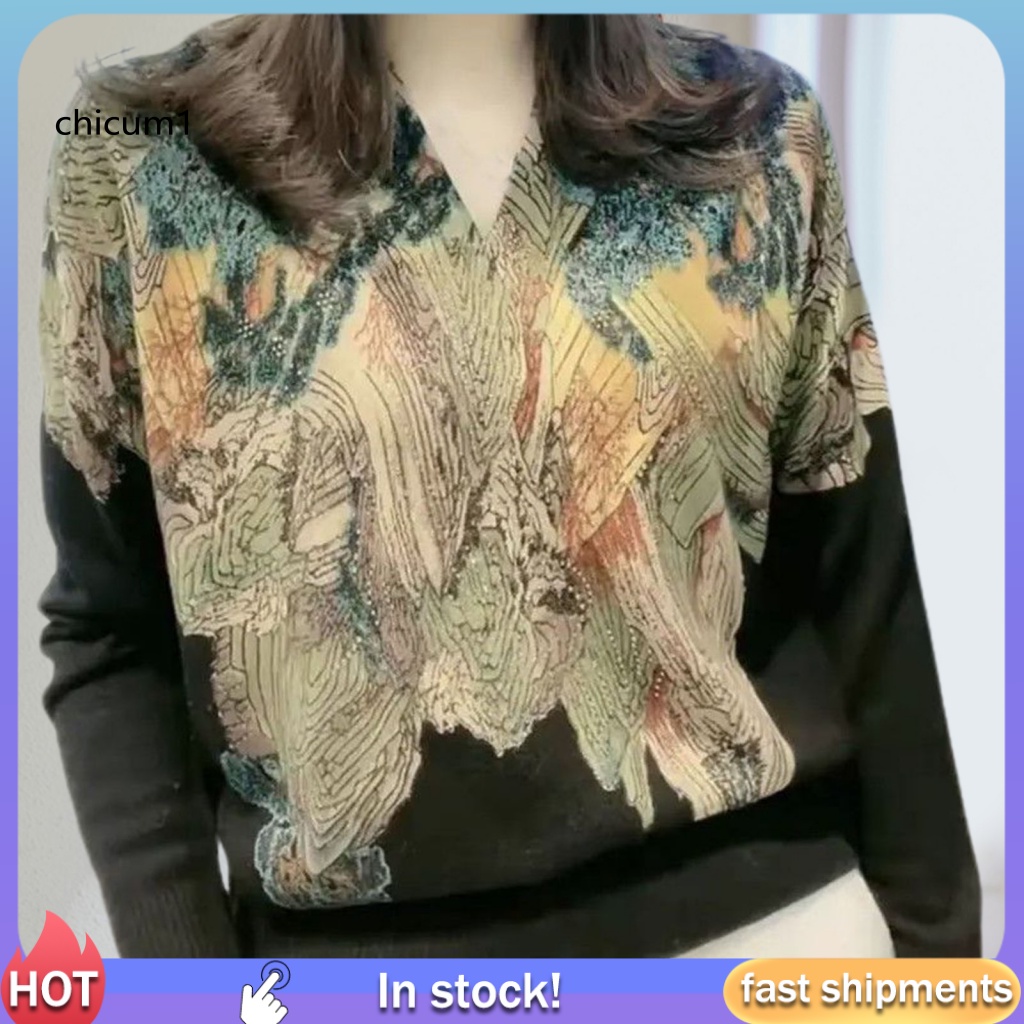 Áo Dệt Kim Tay Dài Cổ Chữ V Dáng Rộng In Họa Tiết Plus Size Thời Trang Mùa Thu Cho Nữ