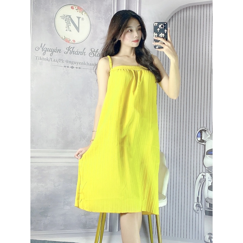 Đầm Nữ 2 Dây Thắt Bím Vải Xốp Gân Mềm Mại Thấm Hút Mồ Hôi Freesize Dưới 60kg, Váy Đi Biển Mùa Hè Siêu Xinh