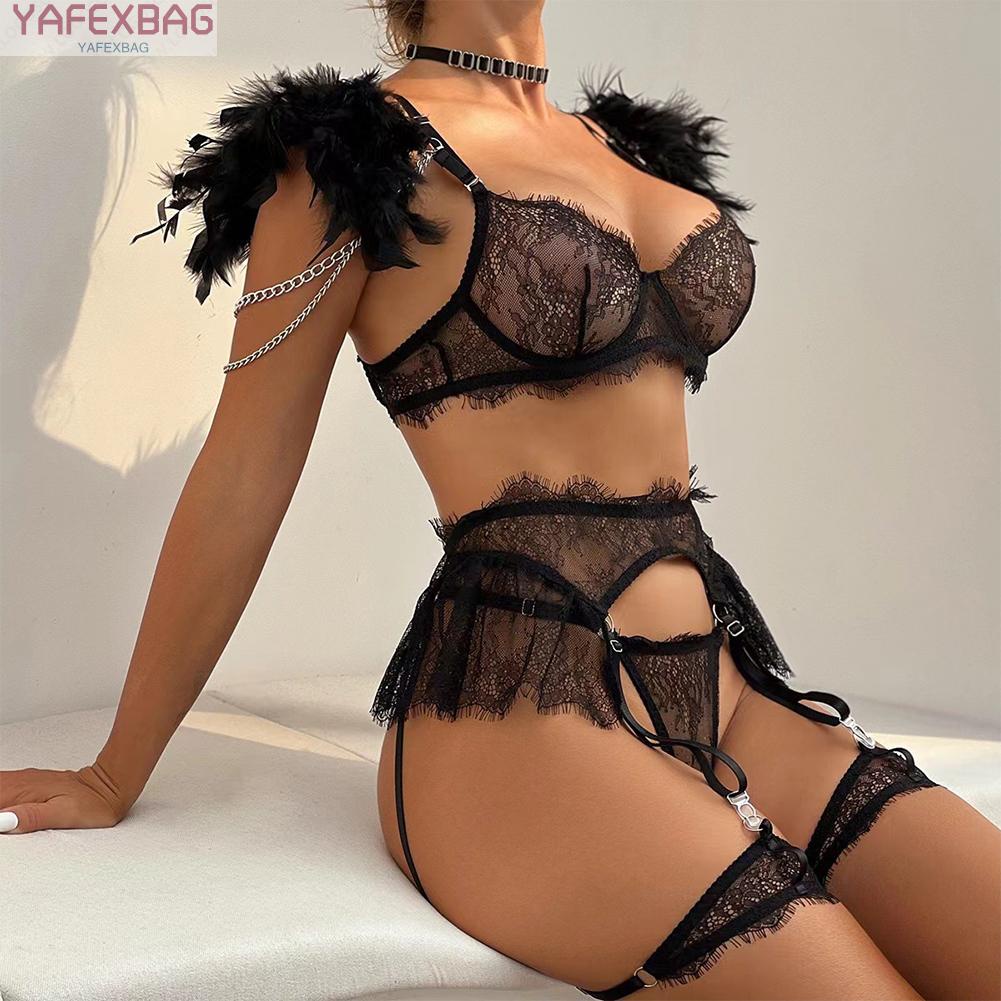 Sensational Lace Feather Lingerie 3 Piece Bra Set Chain Panties Garters Included