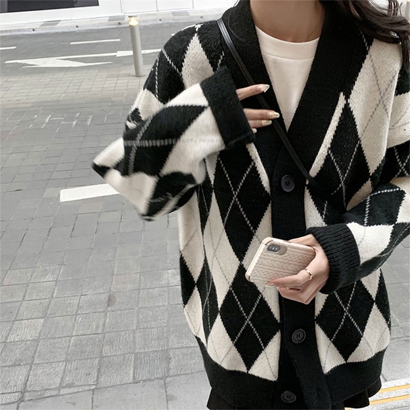 Xiang Nian Ni Áo Khoác cardigan Dáng Rộng Dài Trung Bình Họa Tiết Hình Thoi Dày Dặn Phong Cách retro Nhật Bản Dành Cho Bạn Nữ