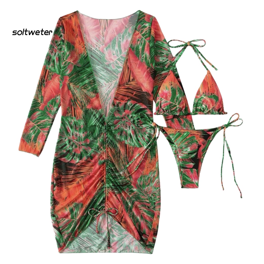 Bộ Đồ Bơi Bikini 3 Mảnh Tay Dài Bằng Polyester In Họa Tiết Thời Trang Kèm Dây Đeo Cho Nữ