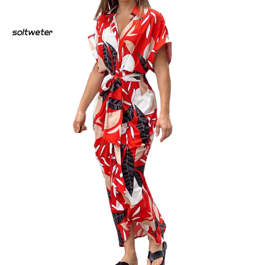 Đầm Sơ Mi Tay Ngắn Cổ Chữ V Eo Cao In Họa Tiết Lá Cây Nhiều Màu Sắc