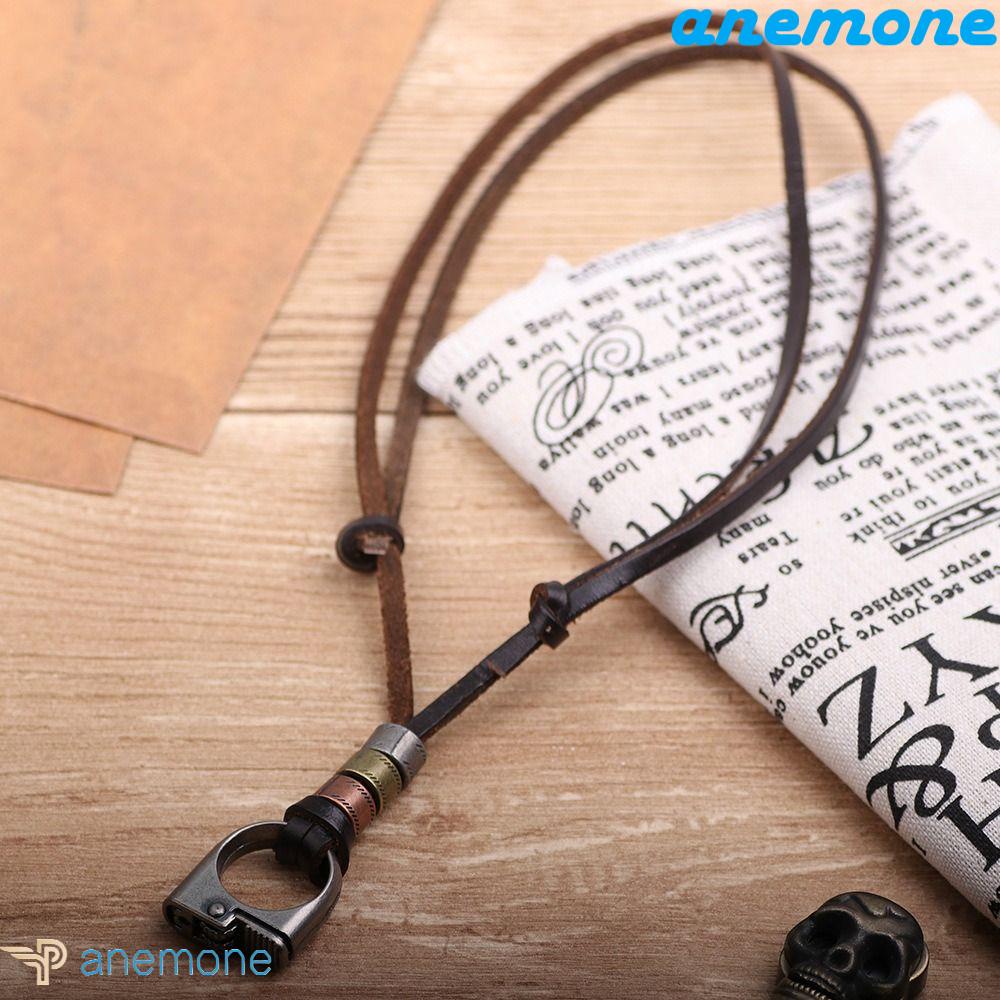 ANEMONE Vòng cổ Da Mặt Tròn Phối Lông Vũ Cá Tính Cho Nam