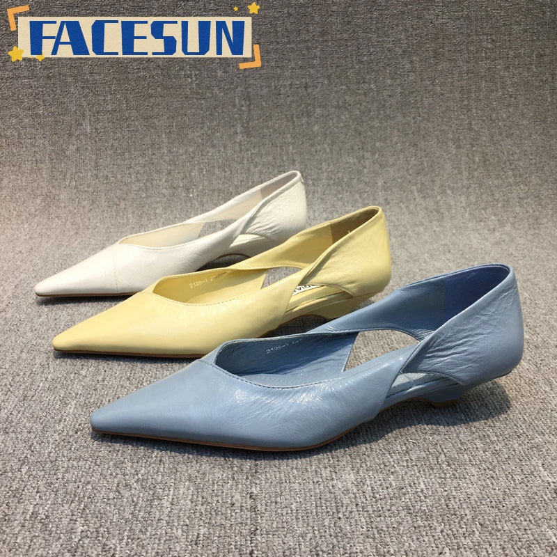 Facesun Giày Da Sáp Dầu Mũi Nhọn Gót Thấp Thoải Mái Hợp Thời Trang Cho Nữ