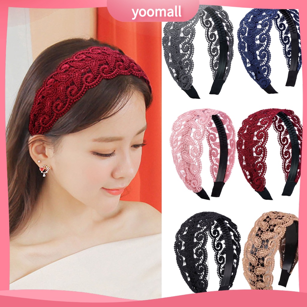 Băng Đô Cài Tóc Cố Định Răng Rộng Chống Trượt Thêu Ren Tinh Tế