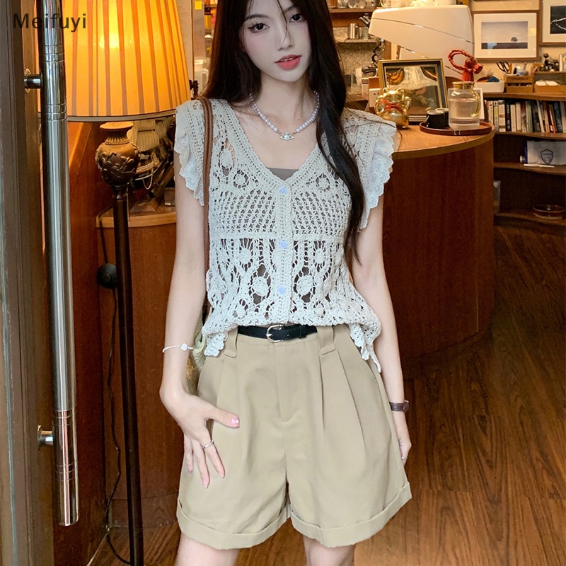 [Meifuyi] Summer Vintage Hollow Out Knitted Top Women Solid Color V Neck Sleeveless Camisole COD