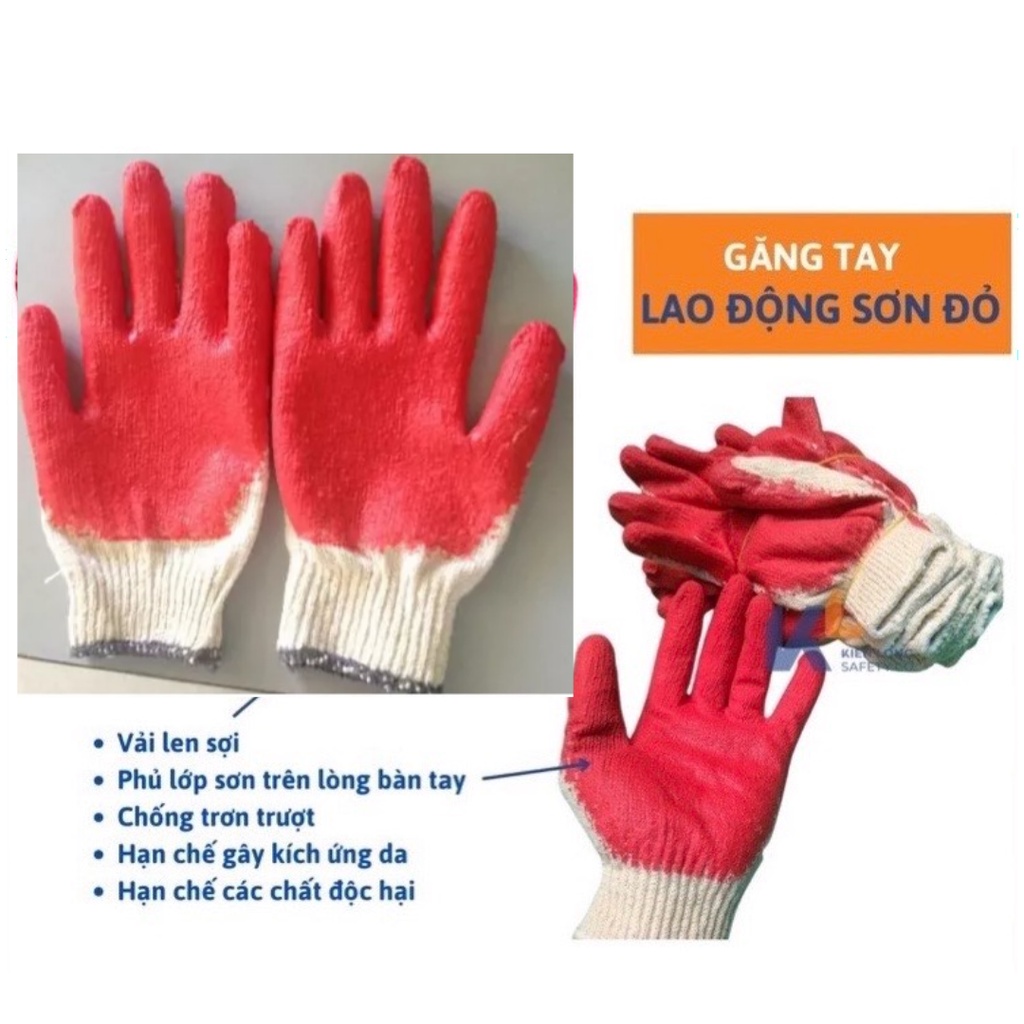 1 đôi Găng tay vải, găng tay bảo hộ chất liệu vải sợi dùng để làm việc, tăng độ bám, chống trơn trượt phủ sơn đỏ