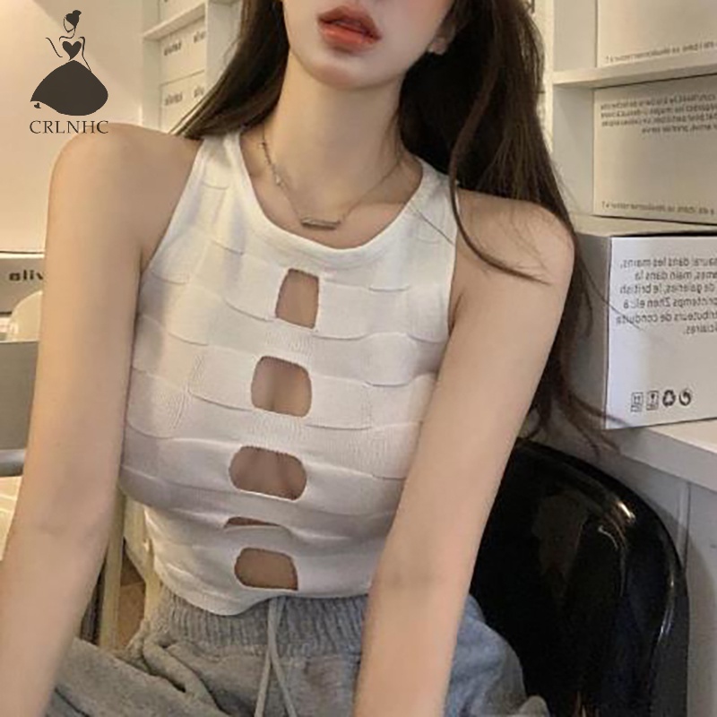 Áo Croptop Dệt Kim Sát Nách Cổ Tròn Dáng Ôm Khoét Lỗ Thời Trang Mùa Hè Quyến Rũ Cho Nữ