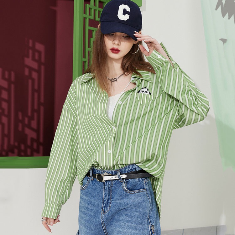 Multiplication green long-sleeved striped shirt women 2023 spring new style thời trang áo sơ mi nhỏ đẹp áo khoác mỏng top ff