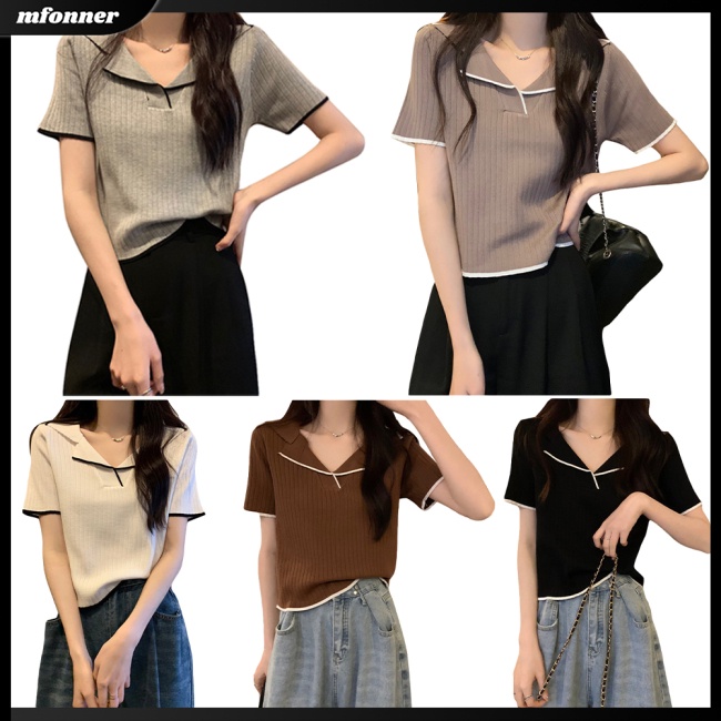 Áo Thun Dệt Kim Ngắn Tay Ôm Dáng Thanh Lịch Theo Phong Cách Mùa Hè Dành Cho Nữ