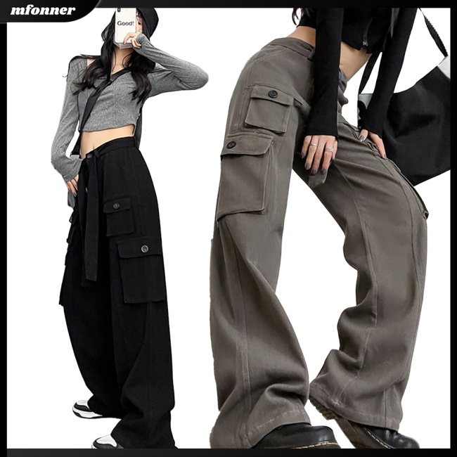 Quần Thể Thao Lưng Cao Ống Rộng Phối Túi Phong Cách Retro