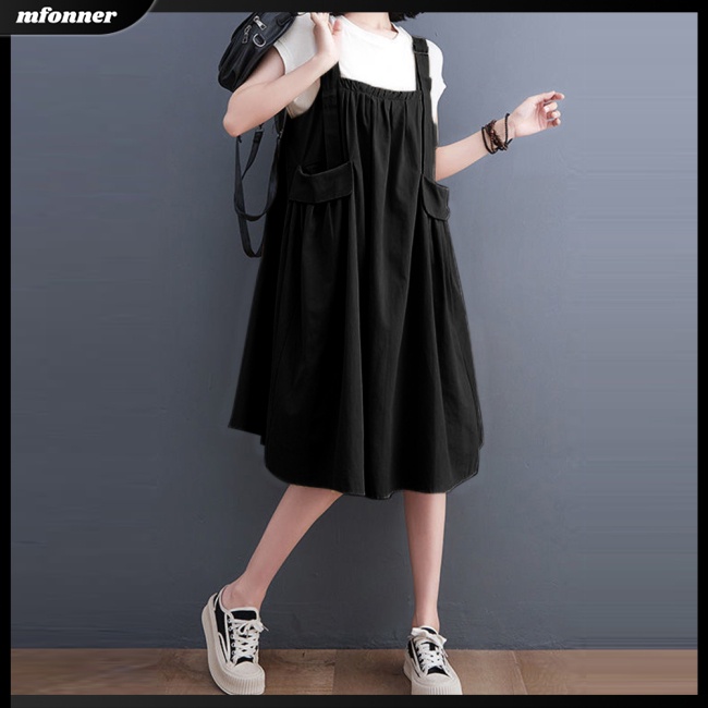 Đầm Xòe Mini Hai Dây Màu Trơn Có Túi Điều Chỉnh Được Thời Trang Mùa Hè Cho Nữ