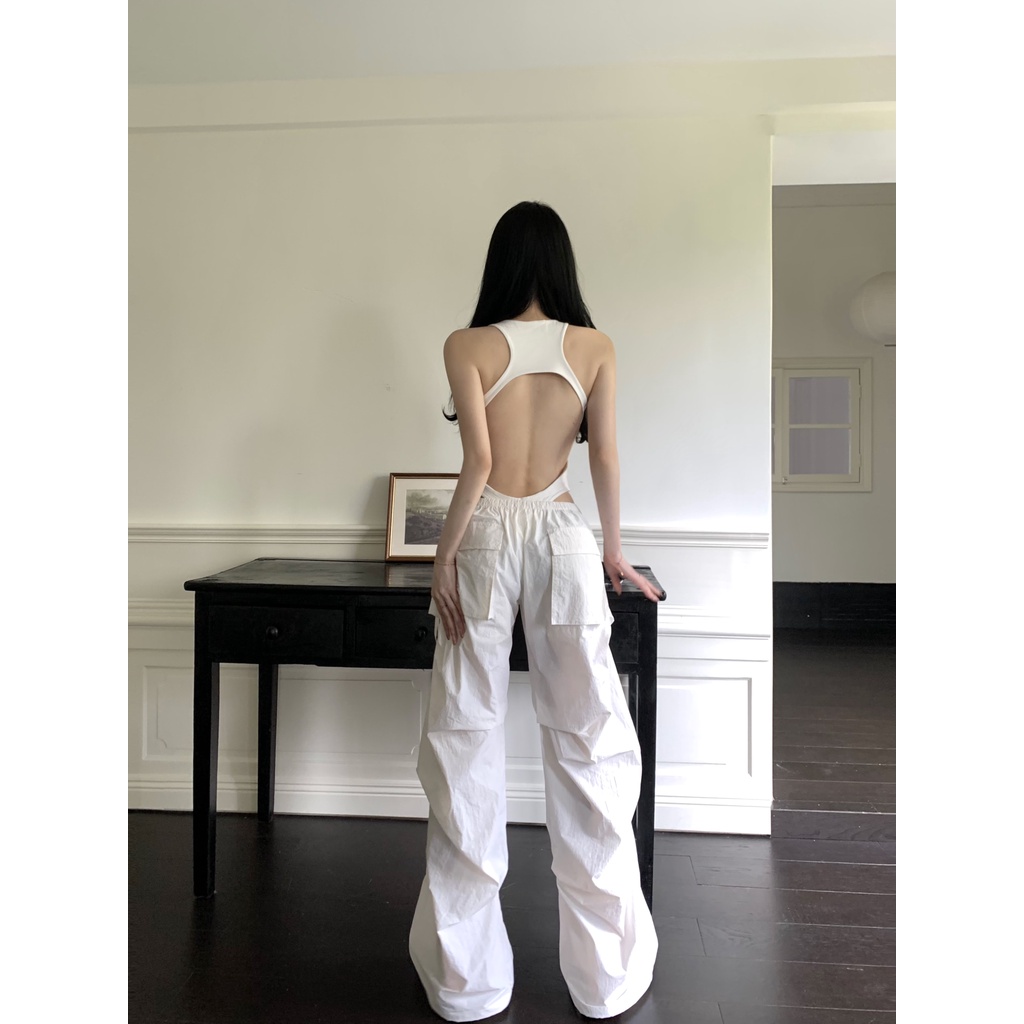 Liasynn Bộ Đồ Bơi Áo Sát Nách Cổ Yếm Ngắn + Quần Giấy Mỏng Ống Rộng Thẳng Màu Trắng Phong Cách Mỹ
