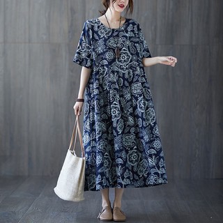 Váy đầm Xuông tay ngắn cổ tròn in hình vintage Bigsize Đầm trung niên sang trọng cho mẹ đẹp thời trang Cao Cấp