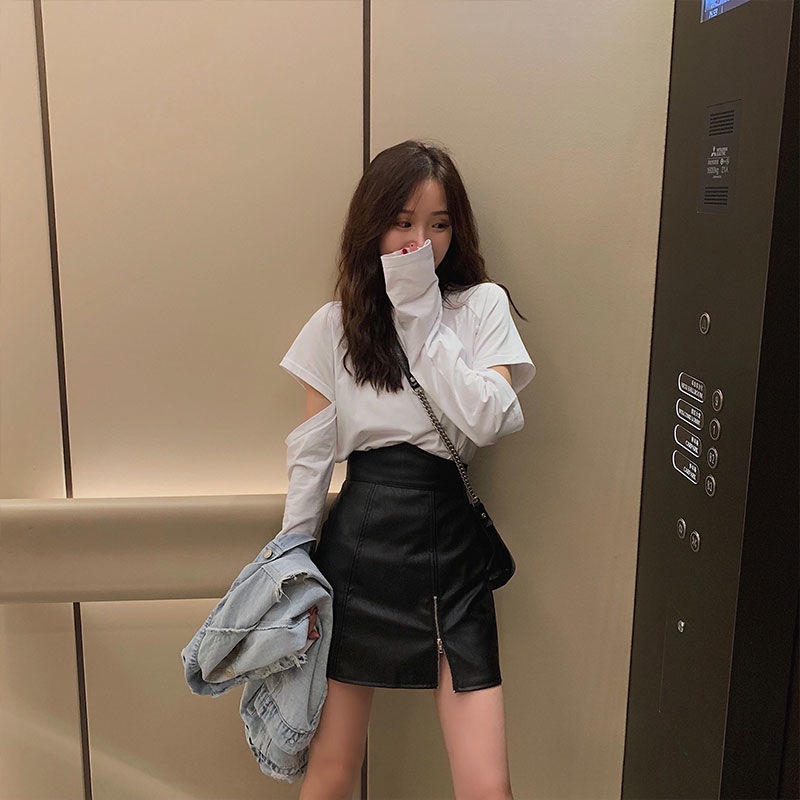 Chân Váy Ngắn Chữ a Bằng Da PU Lưng Cao Phong Cách Hong Kong Thời Trang Cho Nữ