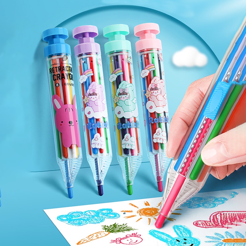 Bút Sáp Tô Màu 8 Trong 1 Dành Cho Bé, Sẽ không làm bẩn tay bạn, nhấn công tắc đầu để xoay