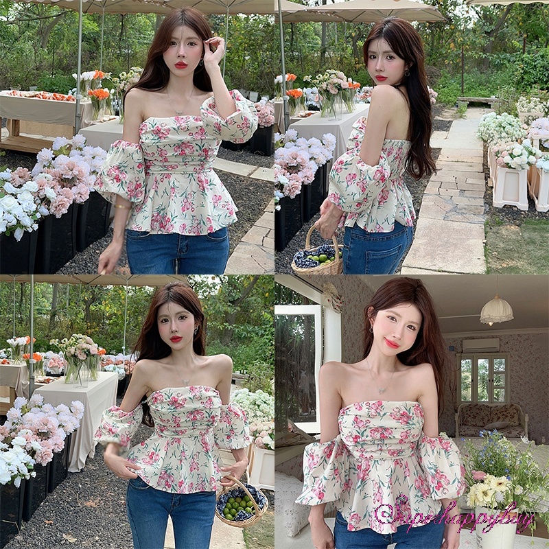Áo Kiểu Trễ Vai Tay Phồng Ngắn In Họa Tiết Hoa Thời Trang Mùa Hè Xinh Xắn Cho Nữ