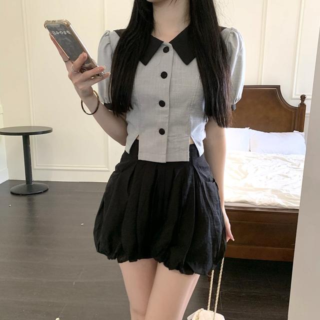 Set Áo Sơ Mi Tay Phồng Màu Tương Phản + Chân Váy Lưới Thời Trang Dành Cho Nữ