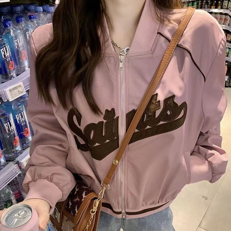 Áo Khoác Bóng Chày Tay Dài Có Khóa Kéo Màu Sắc Tương Phản Phong Cách Retro Mỹ 2023 Cho Nữ