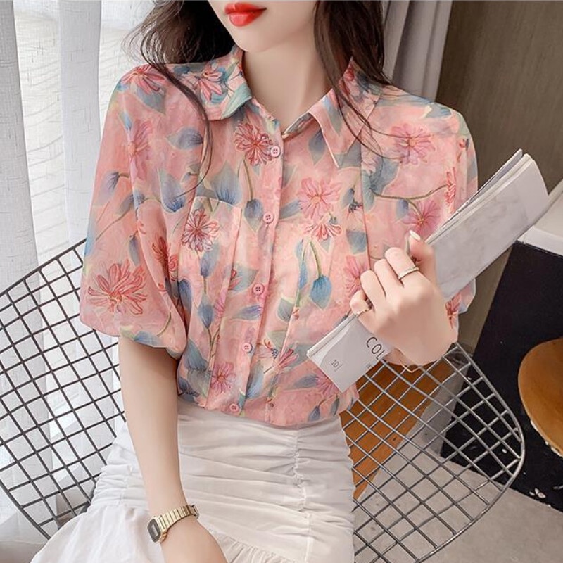 Áo Sơ Mi Chiffon Ngắn Tay Họa Tiết Hoa Phong Cách Hàn Quốc Thời Trang Mùa Hè Cho Nữ