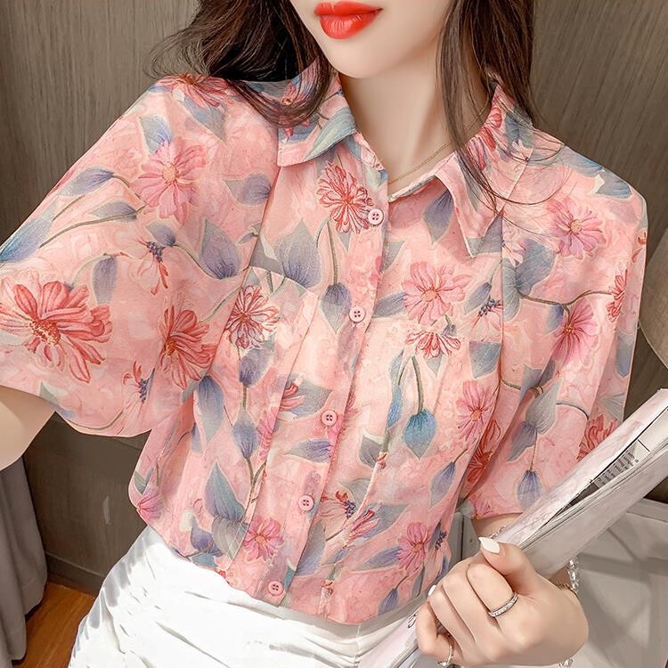 Áo Sơ Mi Chiffon Ngắn Tay Họa Tiết Hoa Phong Cách Hàn Quốc Thời Trang Mùa Hè Cho Nữ