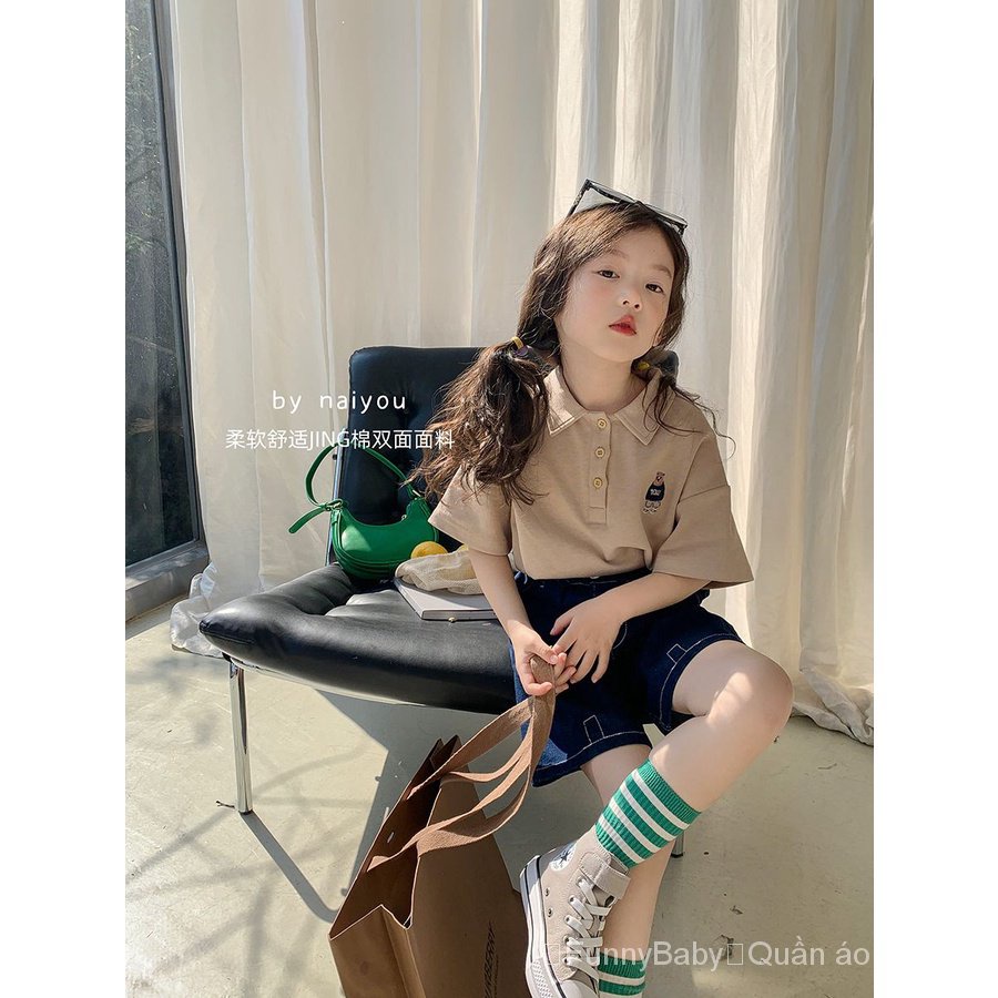 Áo Thun polo Tay Ngắn In Hình Gấu Nhỏ Thời Trang Mùa Xuân 2023 Phong Cách Mới Cho Bé Gái