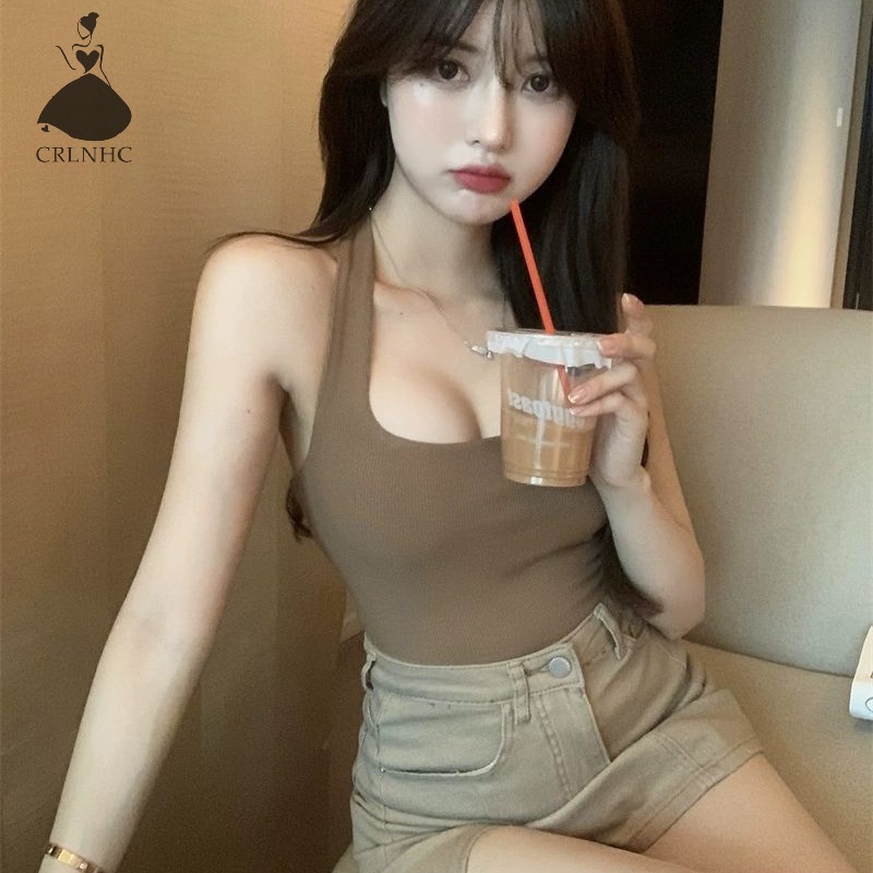 Áo hai dây CRLNHC mùa hè màu trơn phong cách Hàn Quốc gợi cảm cho nữ