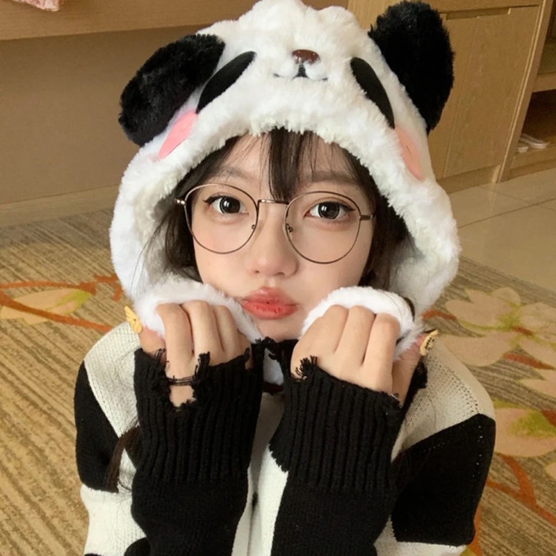 Mũ Trùm Đầu Giữ Ấm Mùa Đông Hình Gấu Trúc Hoạt Hình Nhồi Bông Màu Trắng Đen Phong