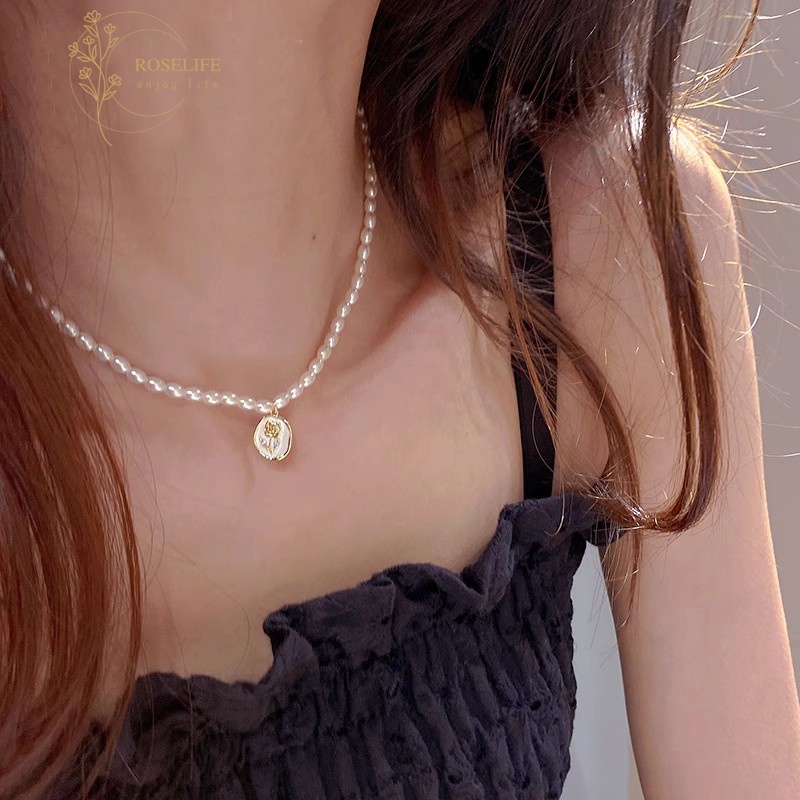 Vòng cổ Chuỗi Hạt Ngọc Trai / Hoa Hồng Vàng Phong Cách Pháp Cổ Điển Cho Nữ