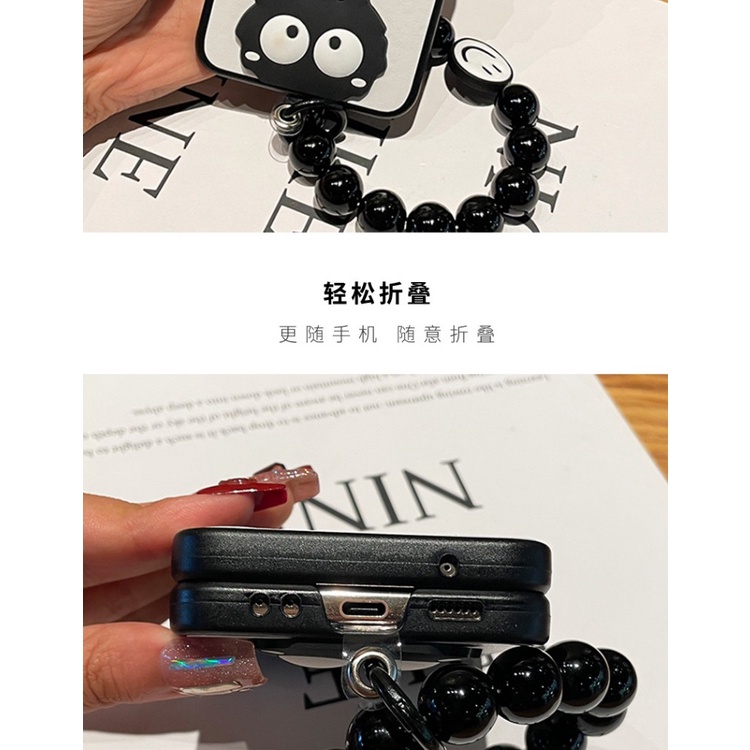 Ốp Điện Thoại Hình Hoa Màu Đen Phối Chuỗi Hạt Cho samsung galaxy z flip 5 4 3 5g flip5 zflip3 zflip4