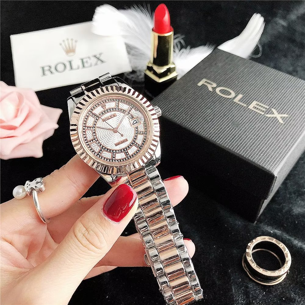 Đồng Hồ Rolex Mặt Tròn Đính Kim Cương Dây Da Thép Không Gỉ Thời Trang Cho Cặp Đôi