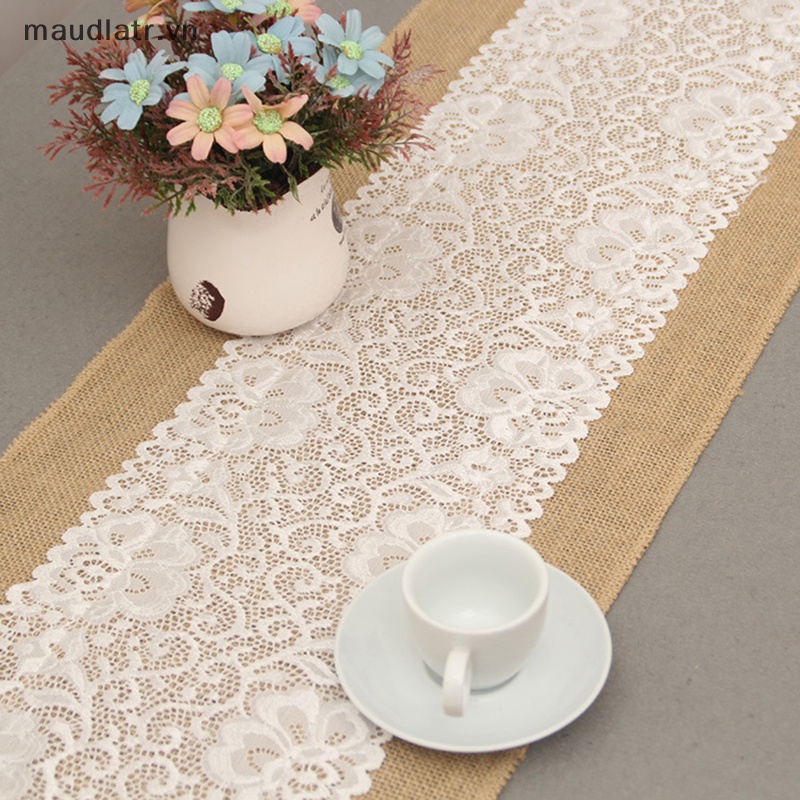 Khăn Trải Bàn Vải Bố Phối Ren Tự Nhiên 30x180cm Dùng Trang Trí Tiệc Cưới
