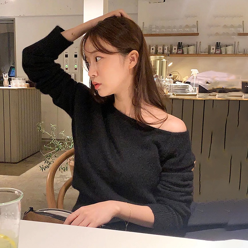 Papv korea chic niche sexy one line collar áo len quây 394