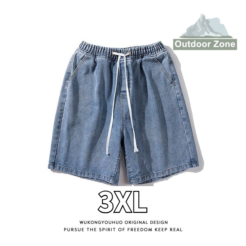 Quần Short Jeans Lưng Thun Ống Rộng Phối Ren Phong Cách Hip Hop Đường Phố Cho Nam