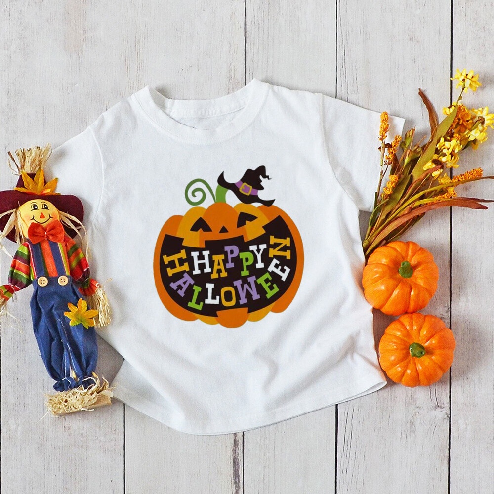 Halloween Bé Trai Bé Gái Áo Thun Tay Ngắn 1-12Y Bé Trai Bé Gái Trẻ Em Halloween Bí Ngô Áo Thun Cổ Tròn Mềm Mại Áo Thun Trẻ Em