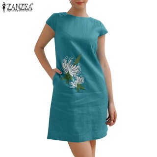 Đầm ZANZEA ngắn tay cổ tròn thêu họa tiết cổ điển thời trang cho nữ