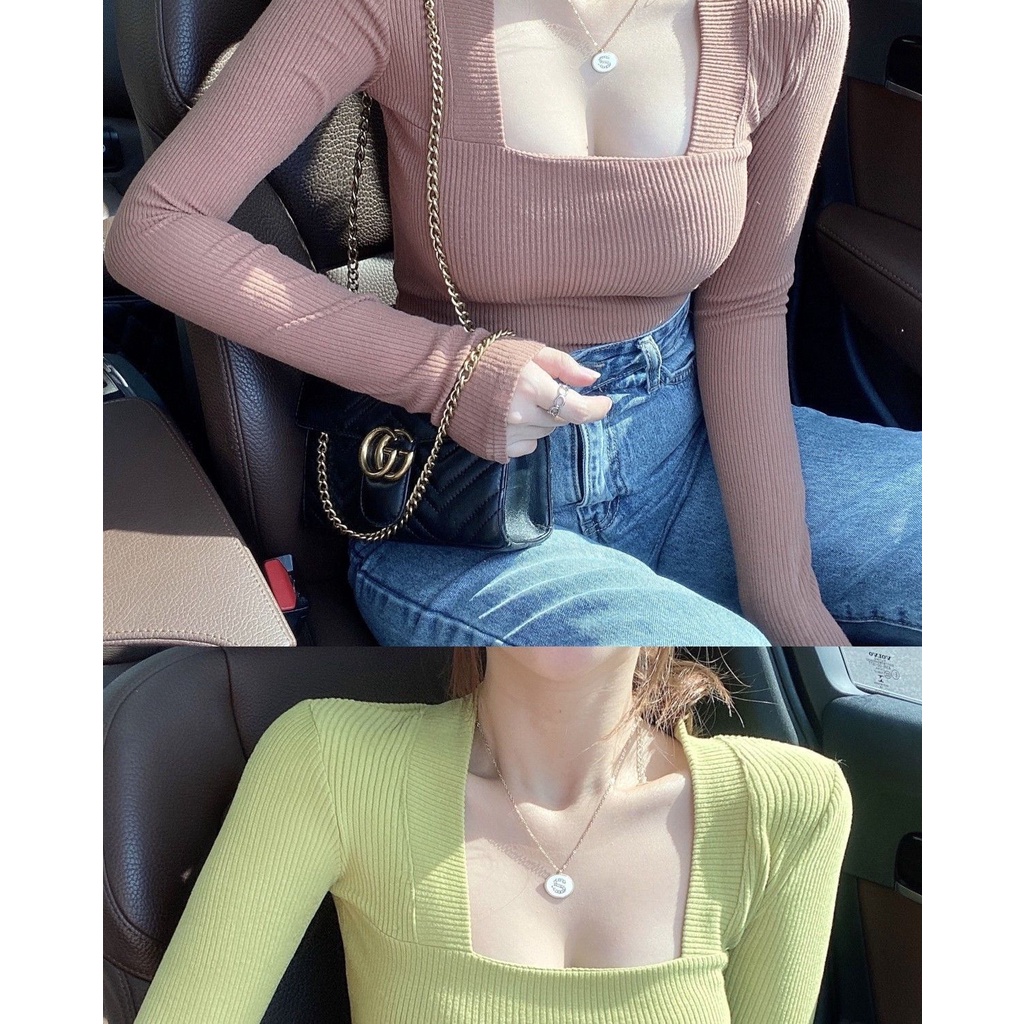 Autumn long-sleeved cotton t-shirt cổ vuông slim-fit sexy monochrome top women