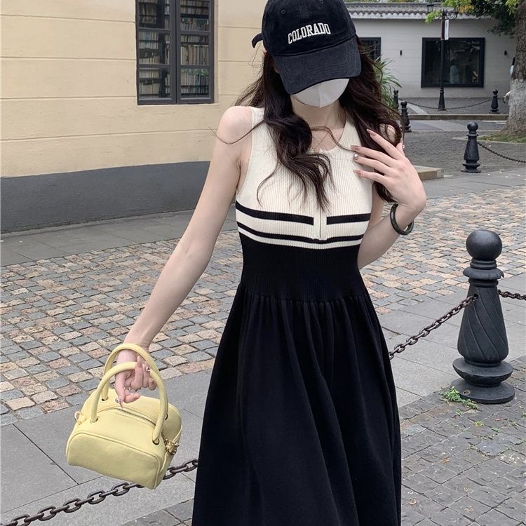 Đầm Midi Không Tay Màu Sắc Tương Phản Phong Cách Pháp Cổ Điển Thời Trang Mùa Hè Cho Nữ