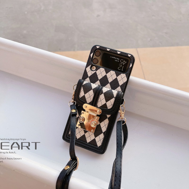 Ốp Điện Thoại Da Nắp Gập Họa Tiết Lưới Có Ngăn Đựng Thẻ Và Dây Đeo Chéo Sang Trọng Cho Samsung Galaxy ZFlip4 Flip3 flip5 5G