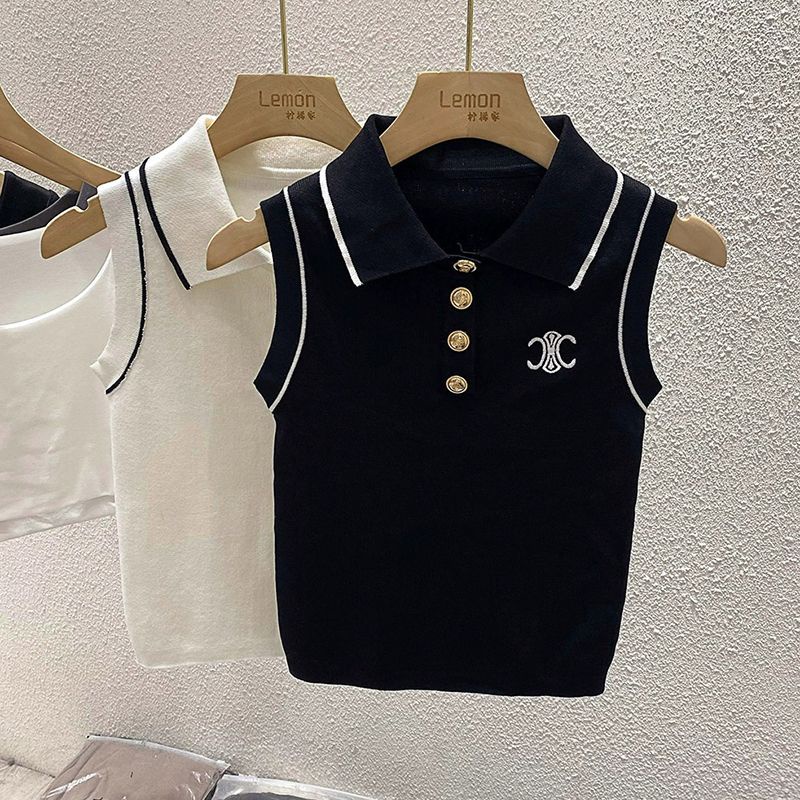 Áo Thun polo Dệt Kim Không Tay Dáng Ôm Thời Trang Mùa Hè Dành Cho Nữ