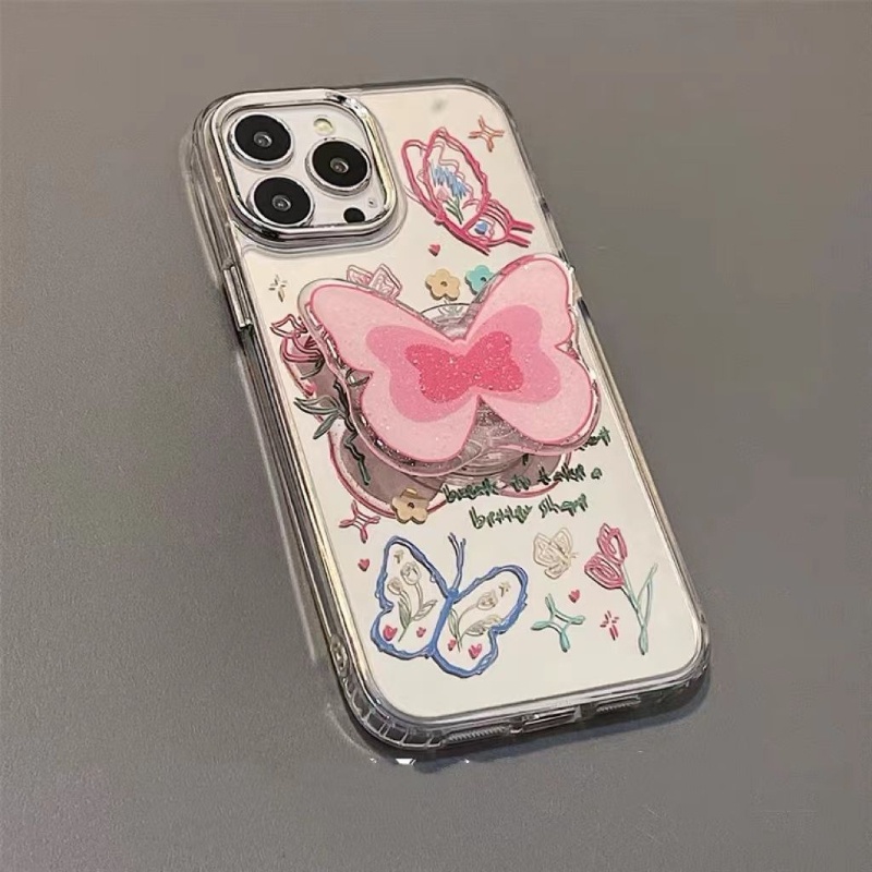 Ốp lưng điện thoại iphone girl pink butterfly stand dành cho 7 7plus 8 8plus xs xr 11 12 13 14 pro plus promax