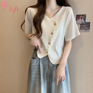 Mới áo thun nữ ngắn tay đính nút lệch tà thời trang