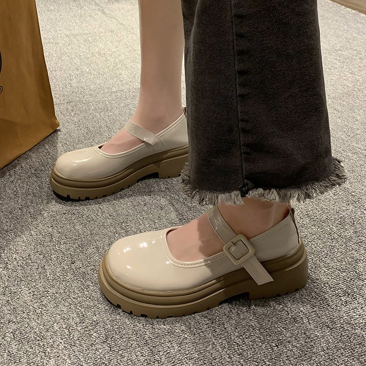 Mary jane shoe woman 2023 mới đế dày chiều cao tròn ngón chân nhỏ cô gái giày da