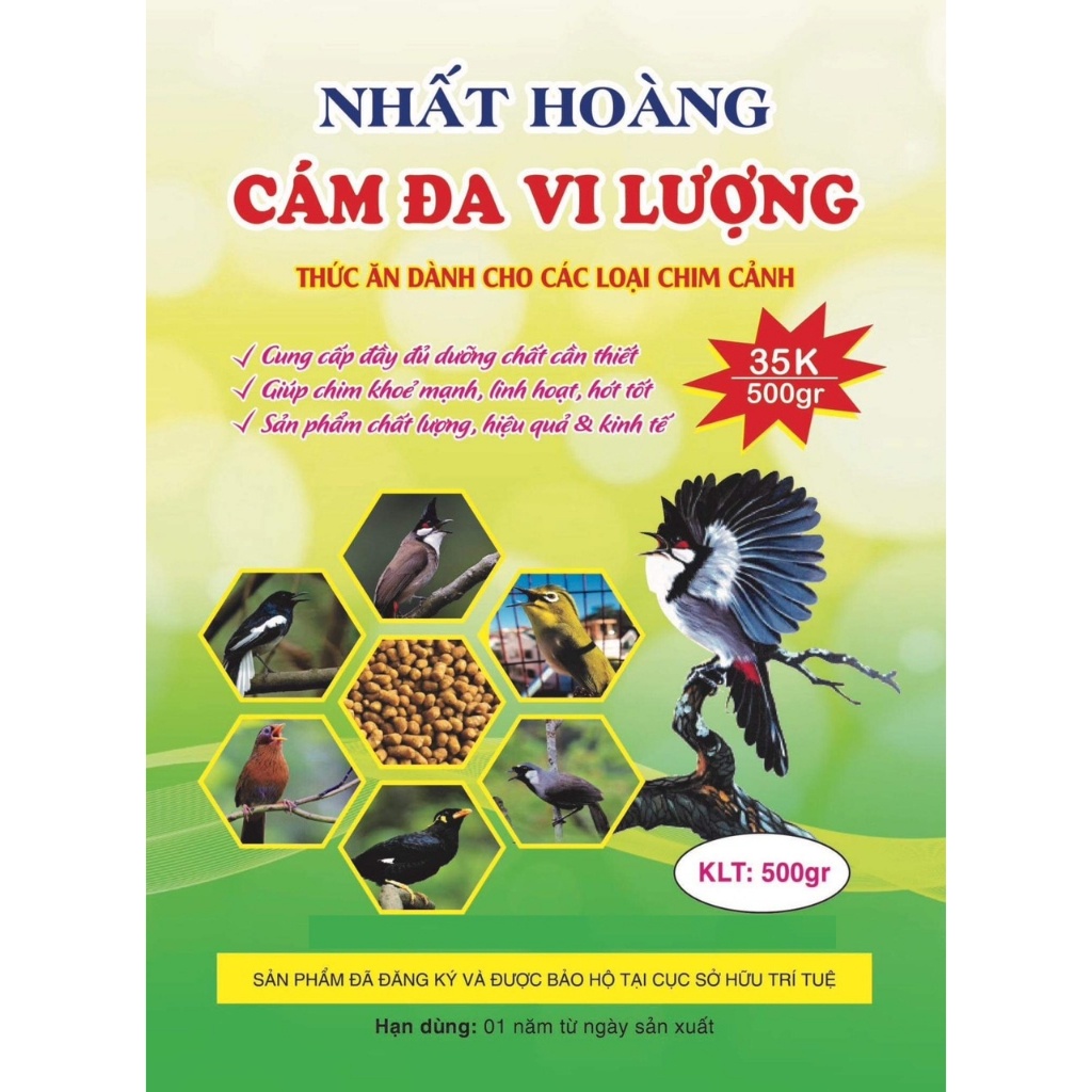Cám chim Đa Vi Lượng. Cám cho các loại chim cảnh: Chào mào, khuyên, chòe... Cám Nhất hoàng, khối lượng 500g